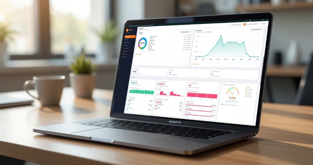 VoltaPOS back office dashboard on a laptop — sales, reports, and live metrics