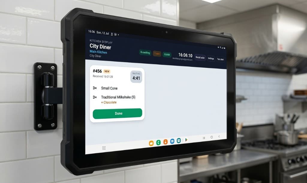 VoltaPOS kitchen display mounted in a commercial kitchen — live tickets and timers