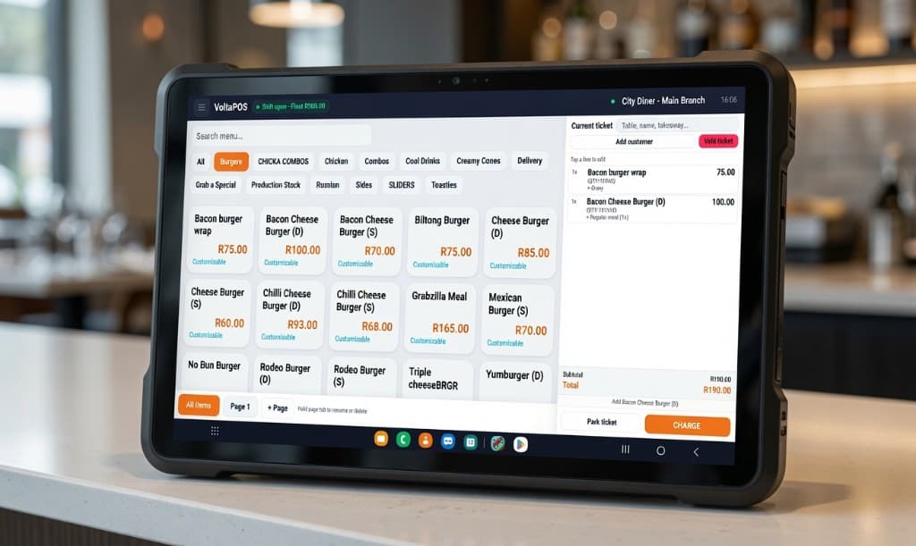VoltaPOS selling interface on a counter device, with menu categories, product prices and a current ticket.