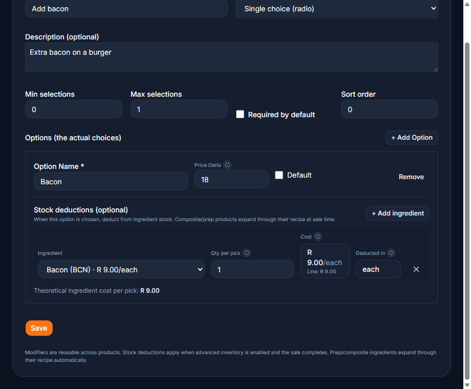 Actual VoltaPOS bacon modifier setup with one unit deducted per selection. Sample data.